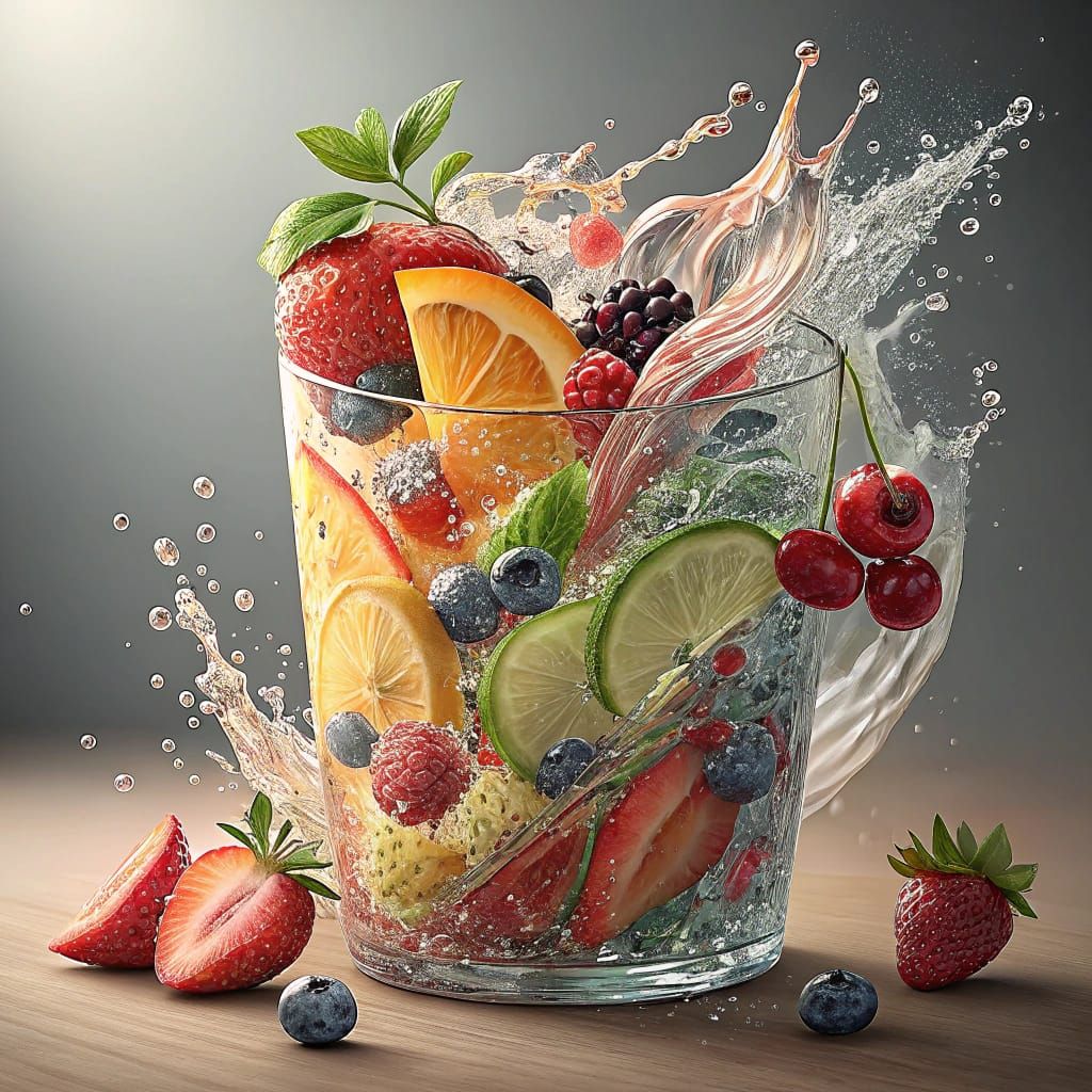 Cocktail Splash: 3D Digital Art with Vibrant Fruits