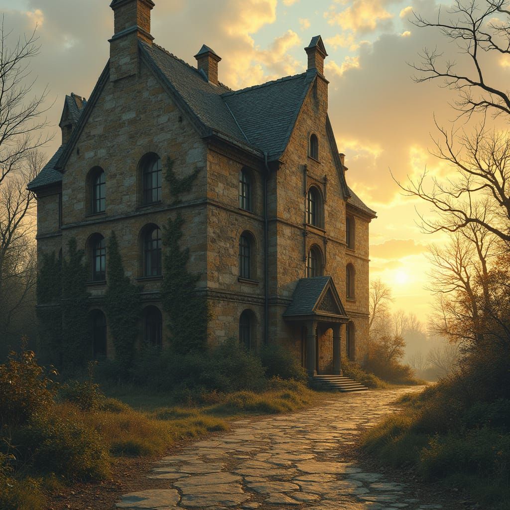 Weathered Stone Building in Golden Light
