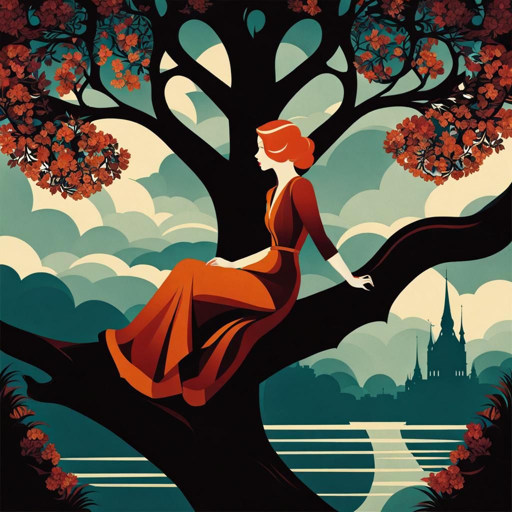 Girl on Tree in Art Deco Illustration