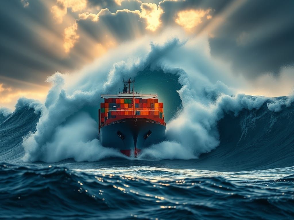 Container Ship Versus Colossal Wave in Cinematic Style