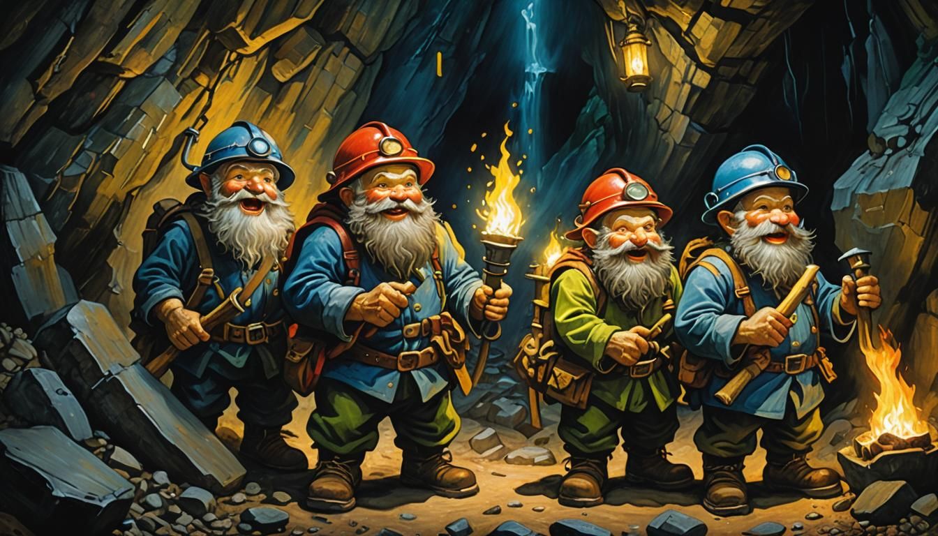 Three Dwarfs Mining in a Dark Cave with Oil Lamps
