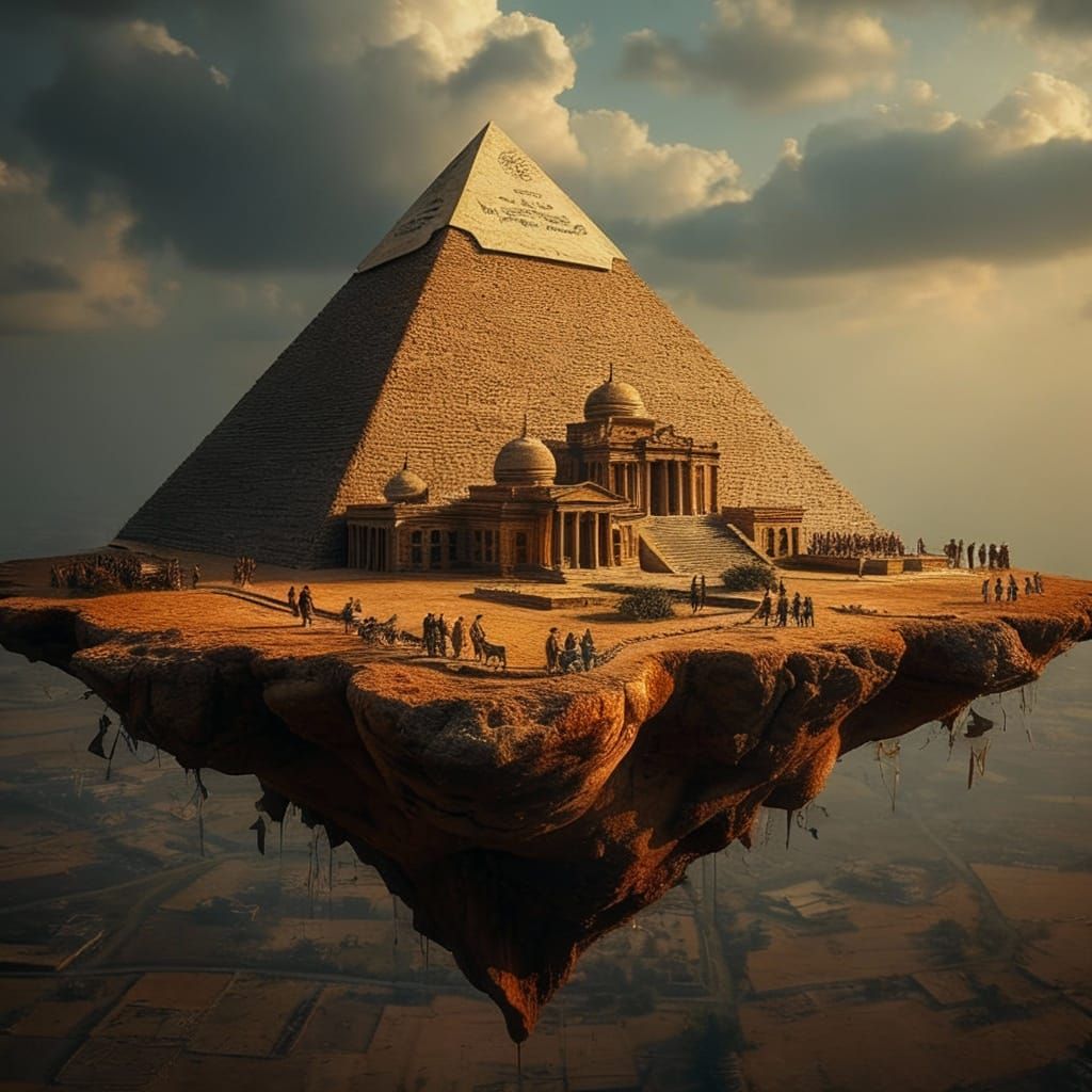 Ancient Egypt Scene on Floating Island, Hyperrealistic