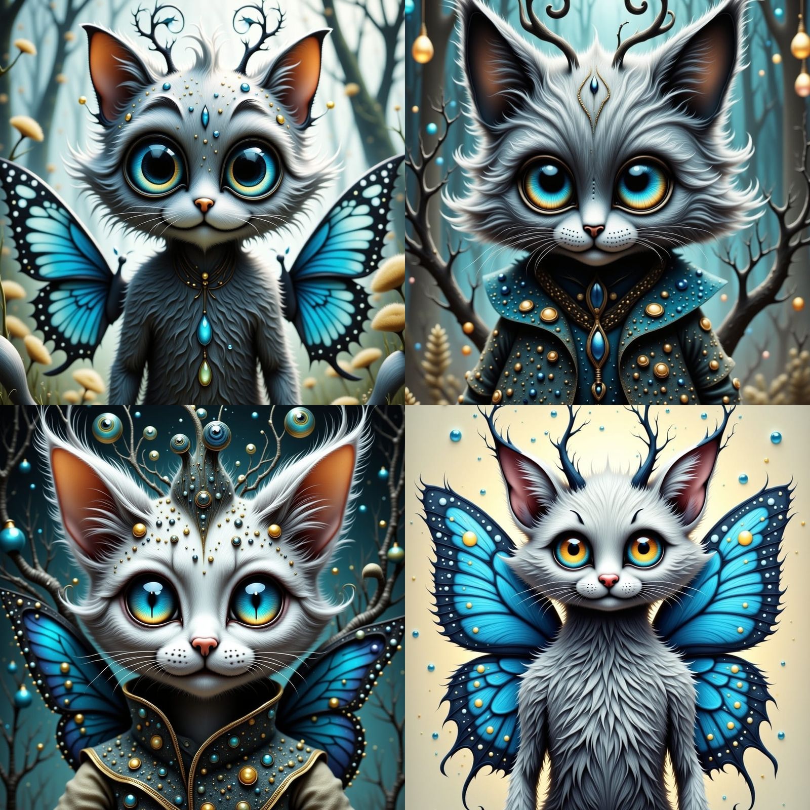 Cyberpunk Cat Pixie with Sparkling Silver Fur and Blue Butte...