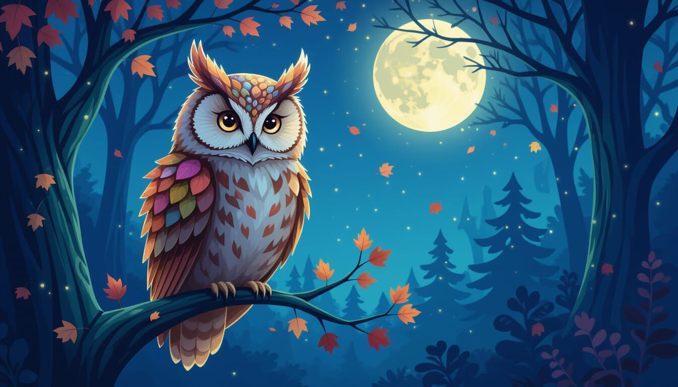 Majestic Owl of Autumn Leaves and Moonlight in Enchanted For...