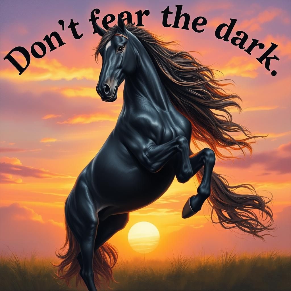 Black Frisian Horse Rearing in Sunset, Impasto Painting