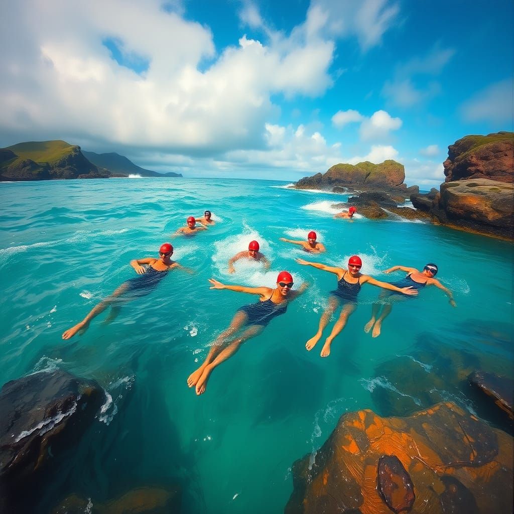 Hebrides Sea Swimmers in Impressionistic Style
