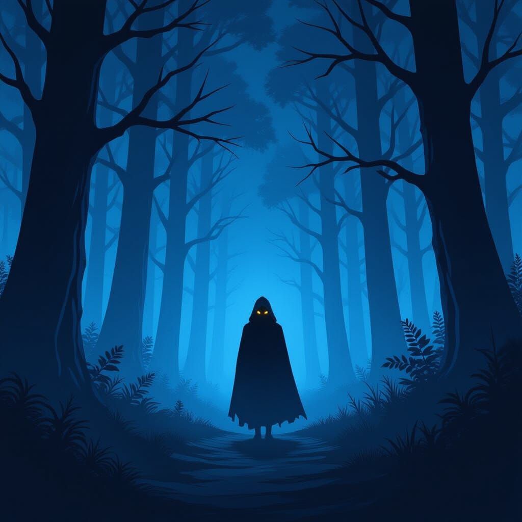 Gloomy Forest Night Scene with Cloaked Figure