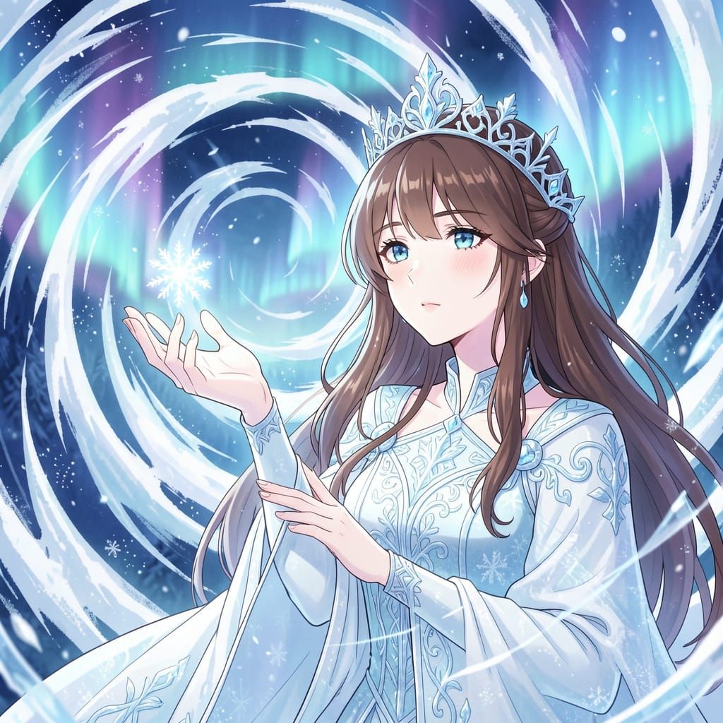Brown-Haired Ice Queen Casts a Snowflake in Anime Style