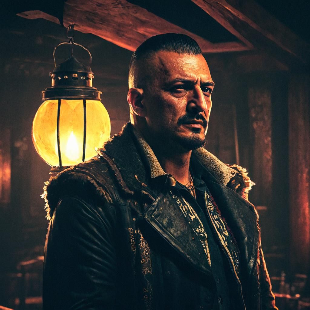 Cowboy Portrait in Dim Saloon, Dynamic Lighting