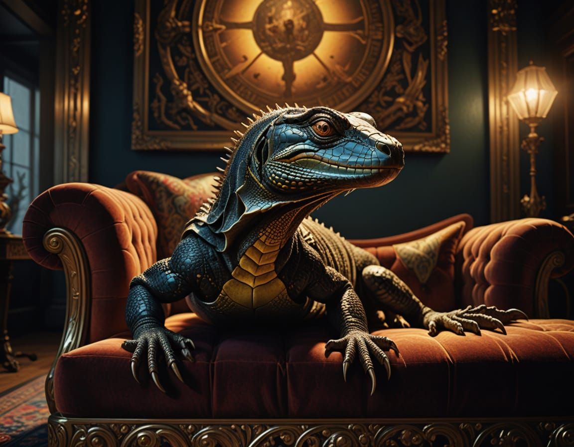 Surreal Art Deco Lizard Reclining on Ornate Couch