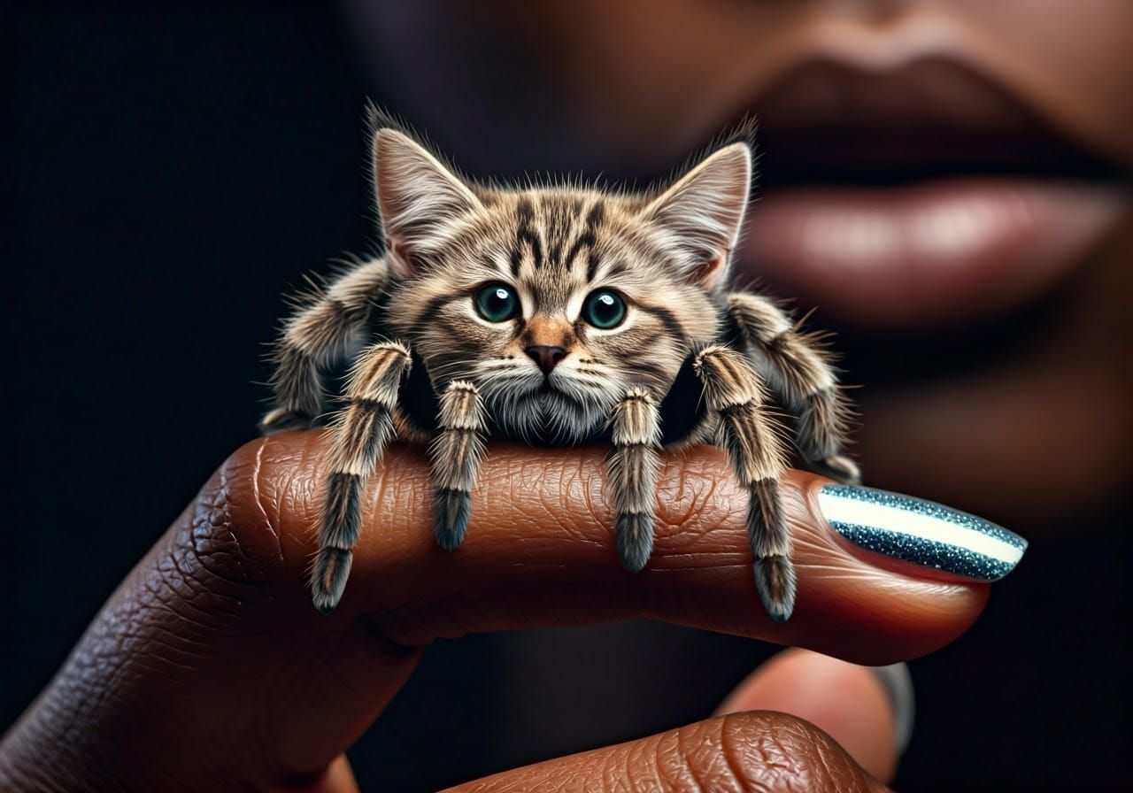 Hyperdetailed Cat-Tarantula Hybrid on Finger