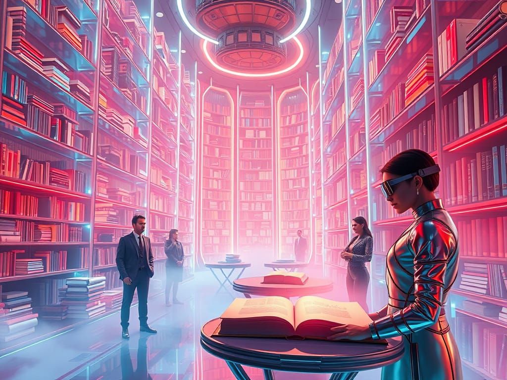 Surreal Futuristic Library in Neon-Lit Cyberpunk Style