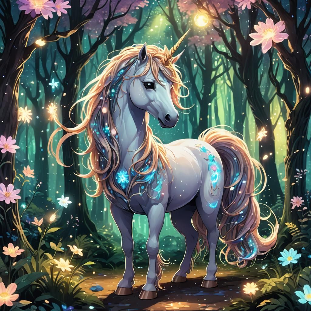Bioluminescent Forest Unicorn in Anime Style
