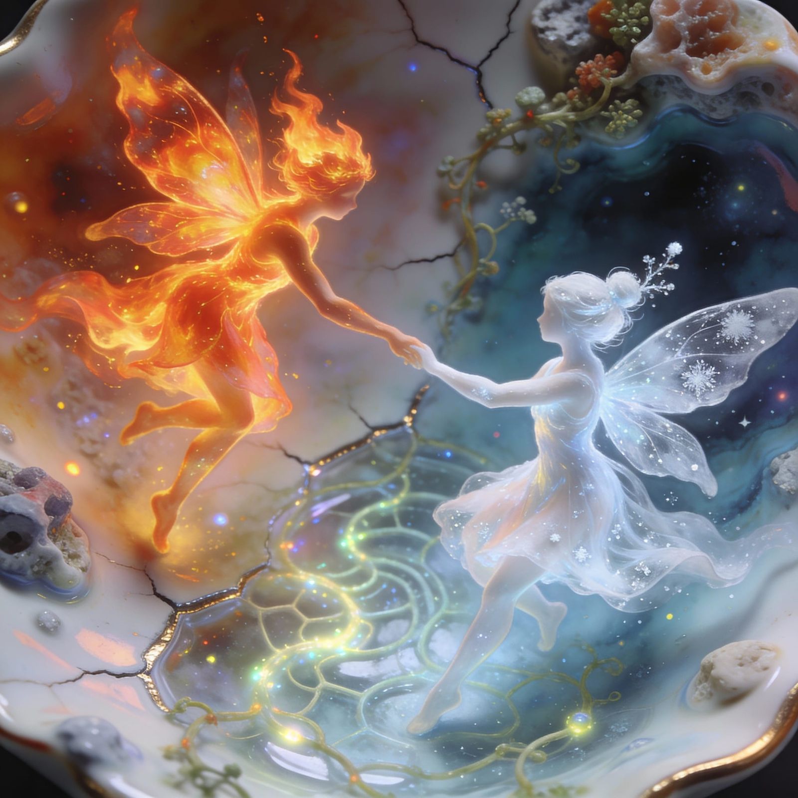 Fire and Snow Fairies Dance on Fractured Porcelain Surface