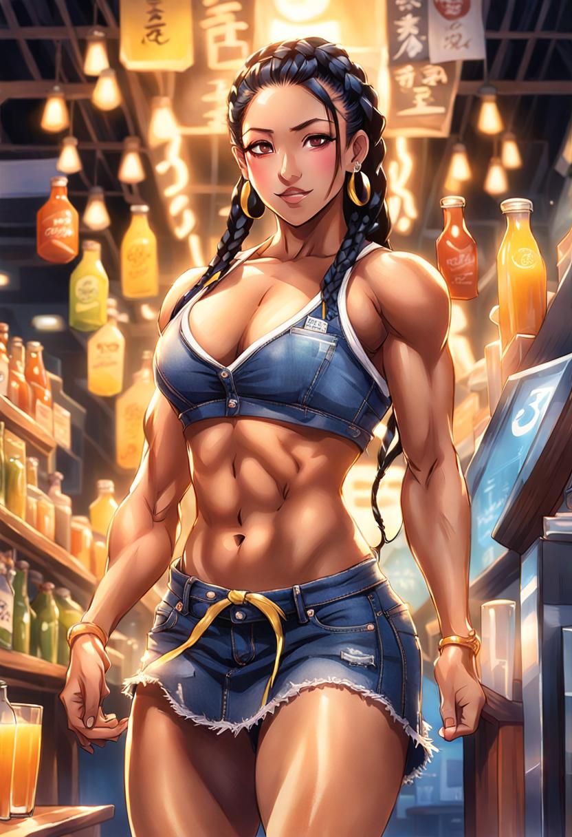 Female Bodybuilder Dancing in Juice Bar, Character Design