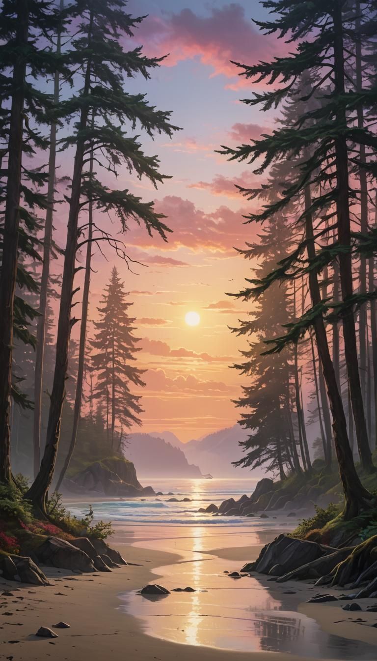 Tranquil Pacific Beach Sunrise: Fantasy Concept Art