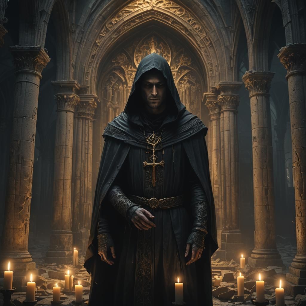 A Mysterious Figure in a Ruined Gothic Cathedral