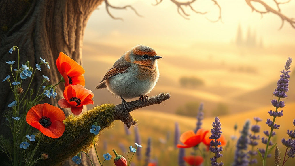 Wren in Wildflower Tapestry: Hyper-Realistic Bird Art