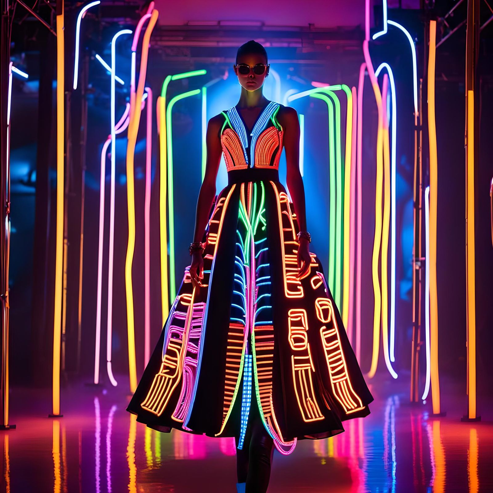 Neon Fashion: Runway Model in Glowing Dress
