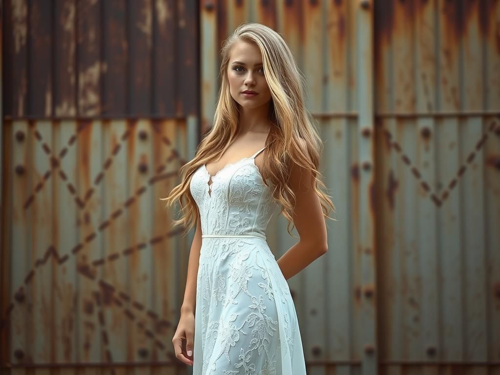 Woman in White Dress on Distressed Metal, Soft Bokeh