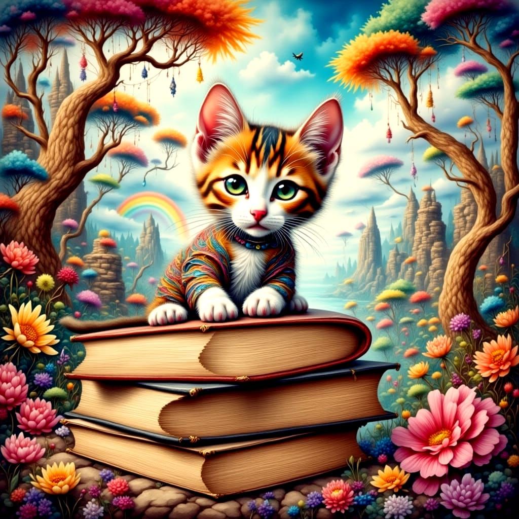 Playful Kitten in Dreamlike Lisa Frank Landscape