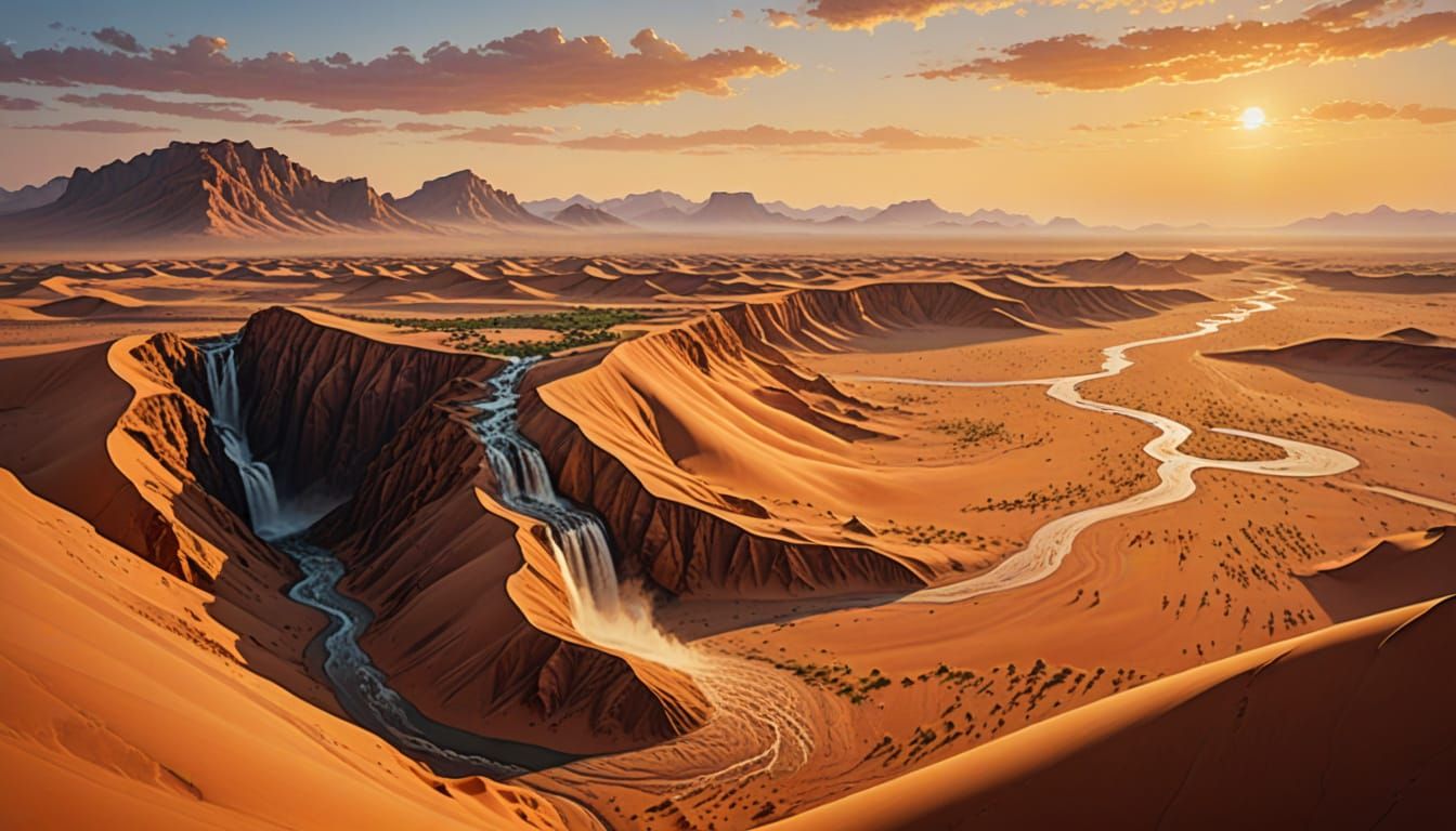 Surreal Waterfall in Sahara Desert: Oil Painting