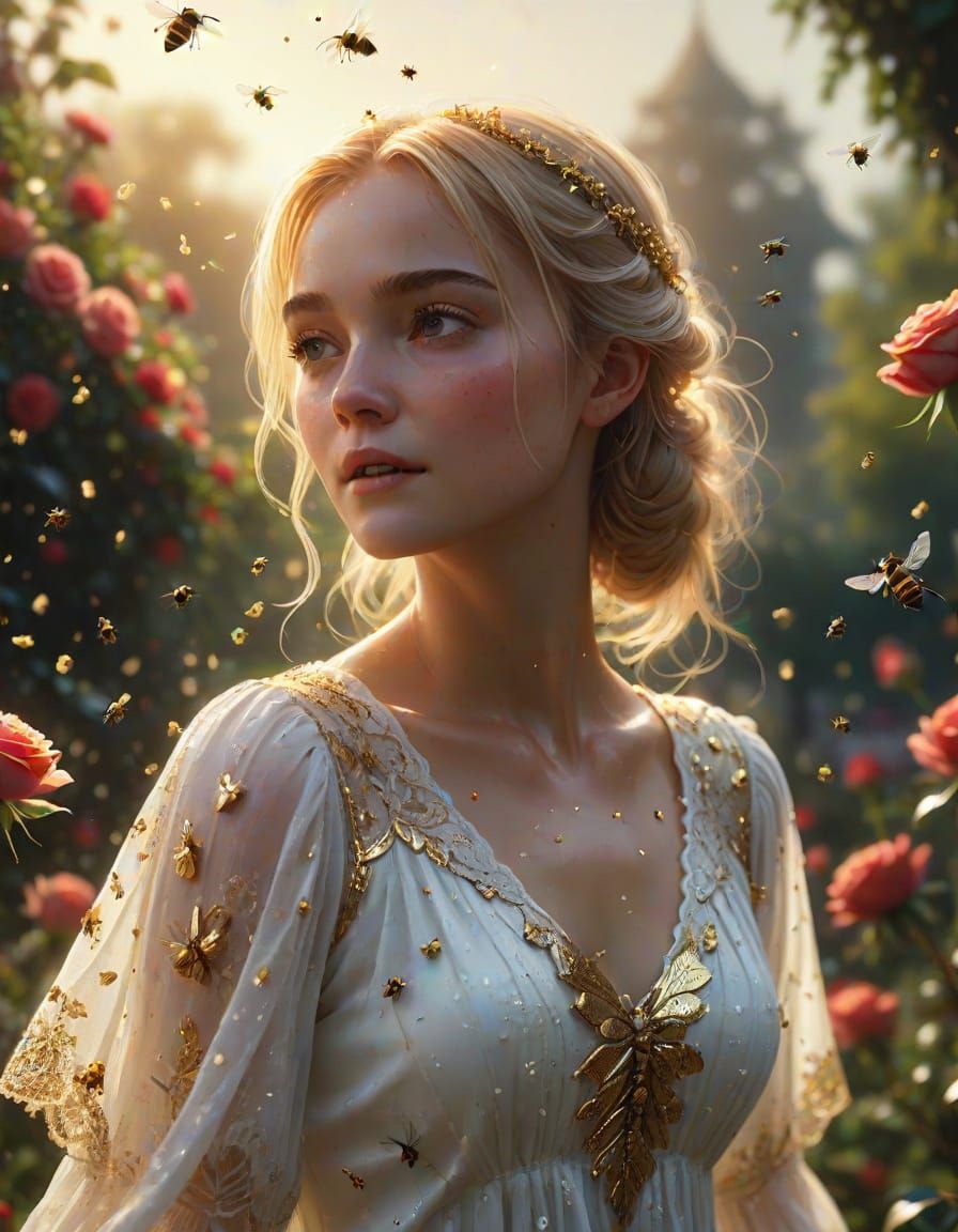 Glowing Spring Goddess Dances with Bees in Vibrant Rose Gard...