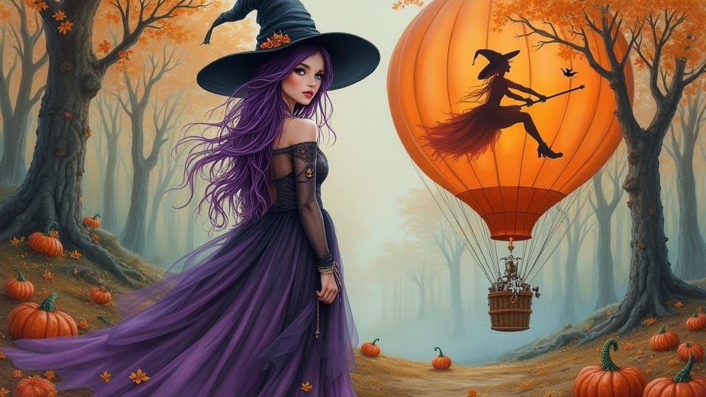 Enchanted Forest Witch & Hot Air Balloon in Watercolor