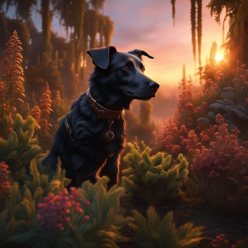 Dog in Sunset Plants Fantasy Concept Art
