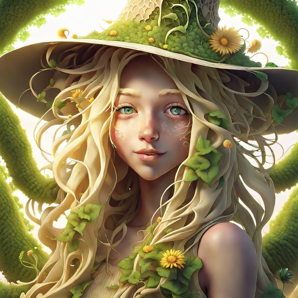 Enchanting Witch-Elf in Fractal Garden Landscape