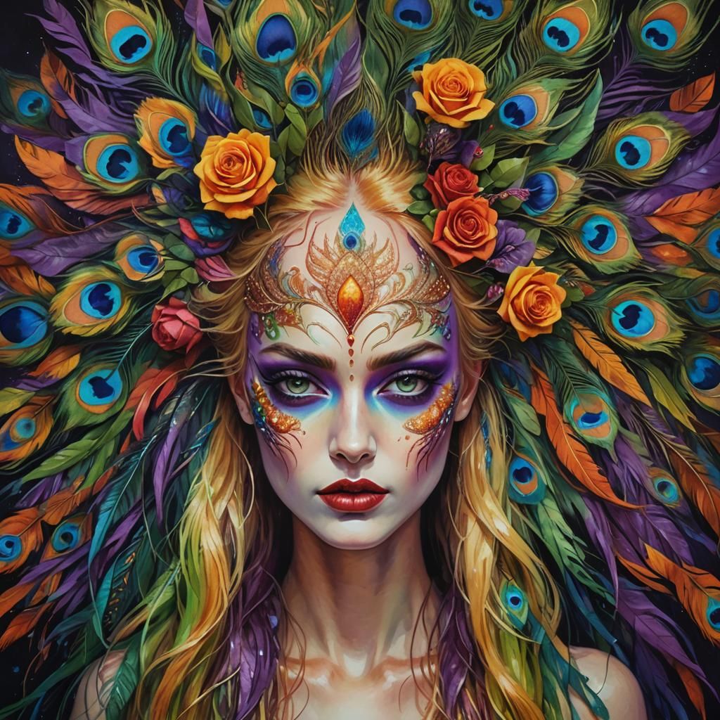 Rose Gold Woman with Peacock Feathers, Art Nouveau