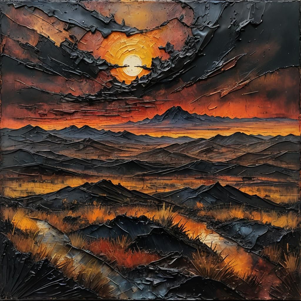 Encaustic Dark Landscape Sunset with Impasto Texture