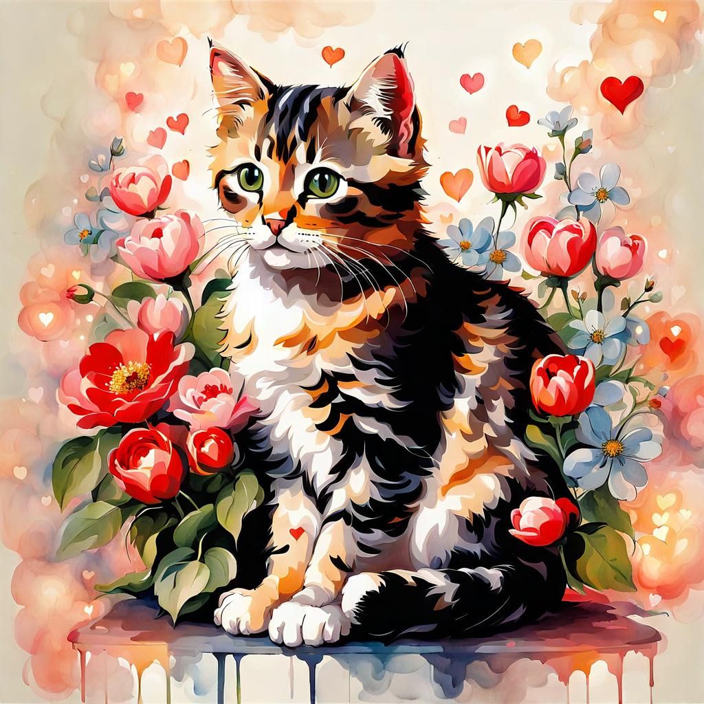Renaissance Cat with Flowers and Heart Lights