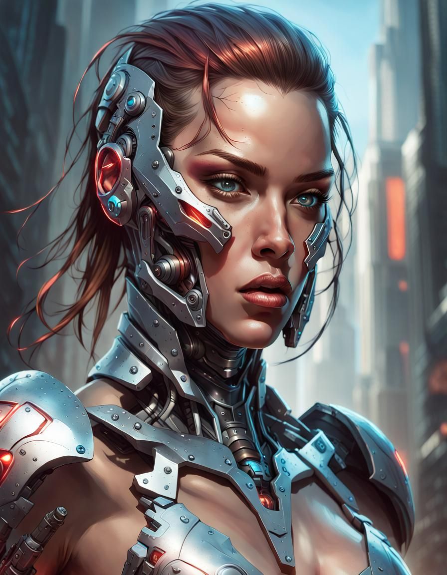 Cyborg Woman in Biomechanical Armor