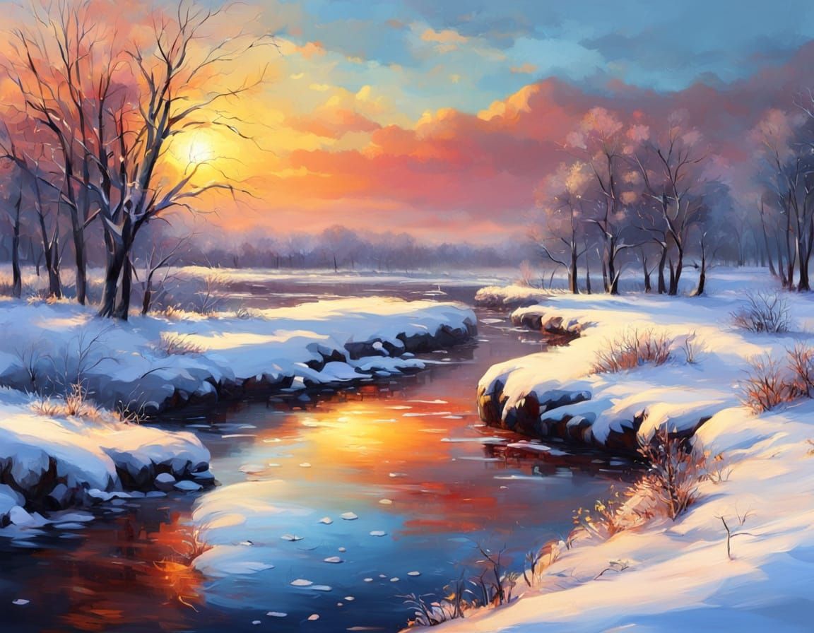 Vibrant Winter Sunset River Landscape Oil Painting
