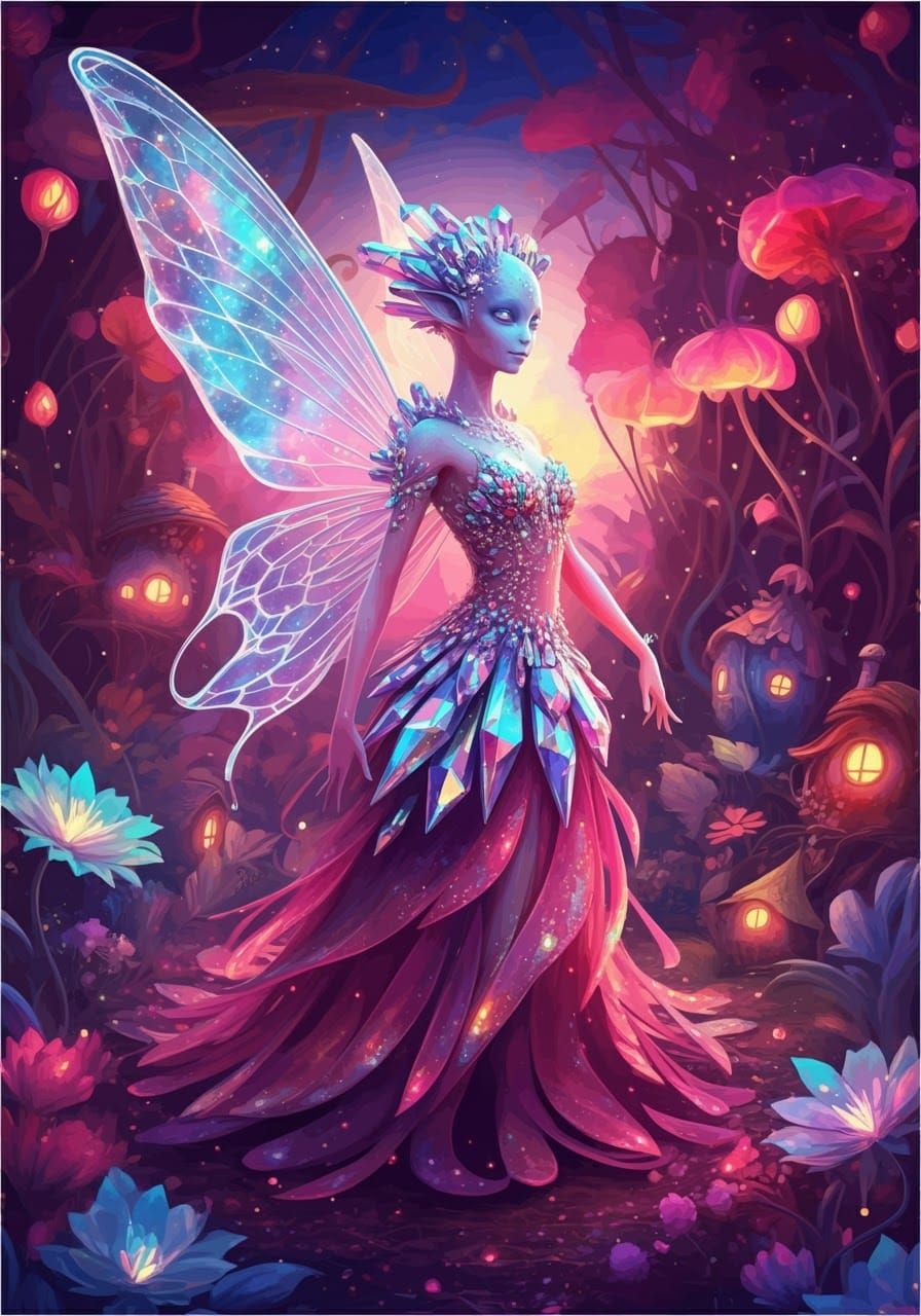 Iridescent Alien Fairy in a Starry Landscape