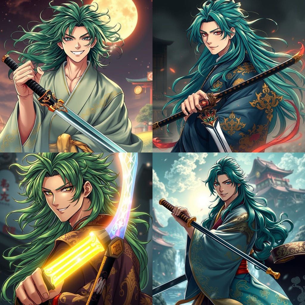 Handsome Manga Warrior with Vibrant Green Locks