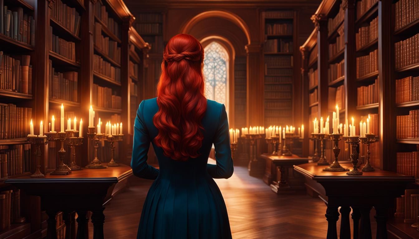 Redhead in Candle-lit Library Digital Illustration
