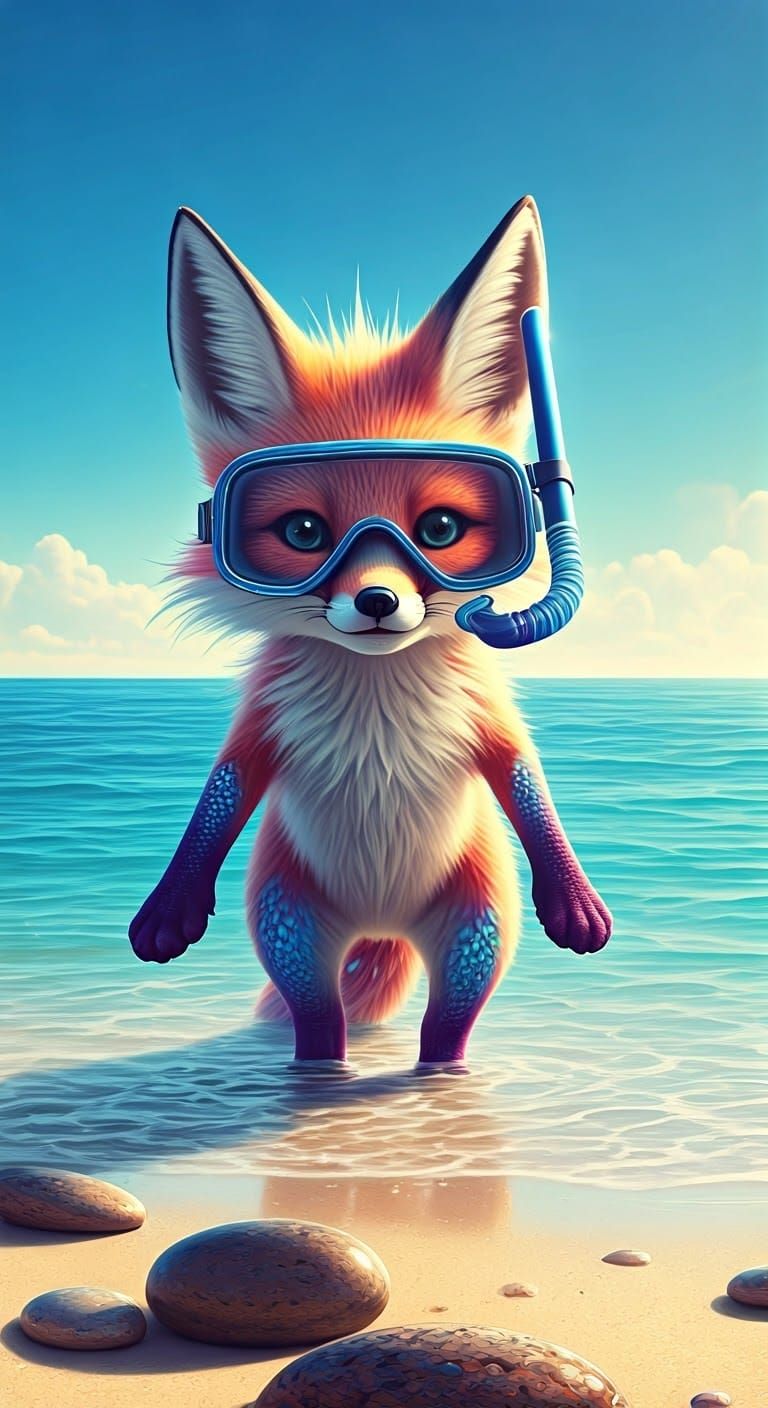 Fox with Snorkel Mask on Beach in 3D
