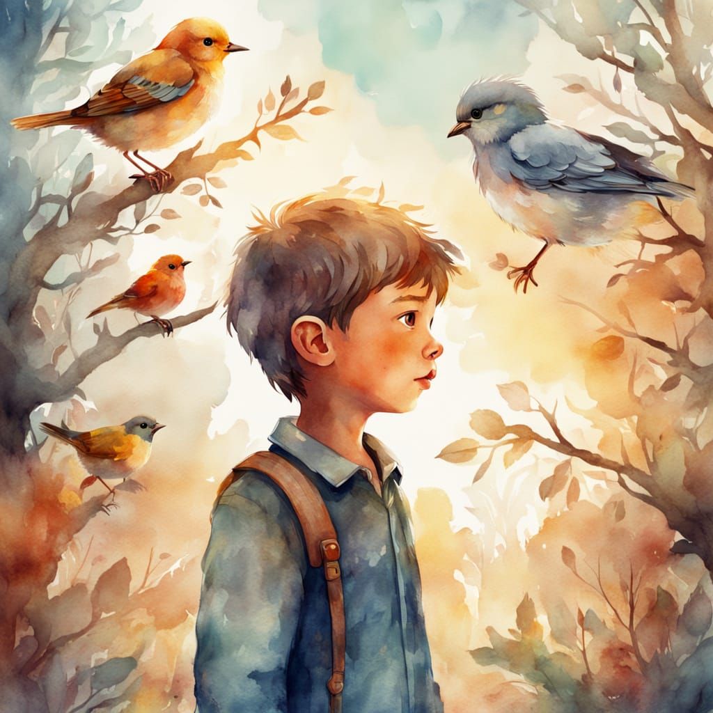 Whimsical Boy and Bird Illustration in Watercolor