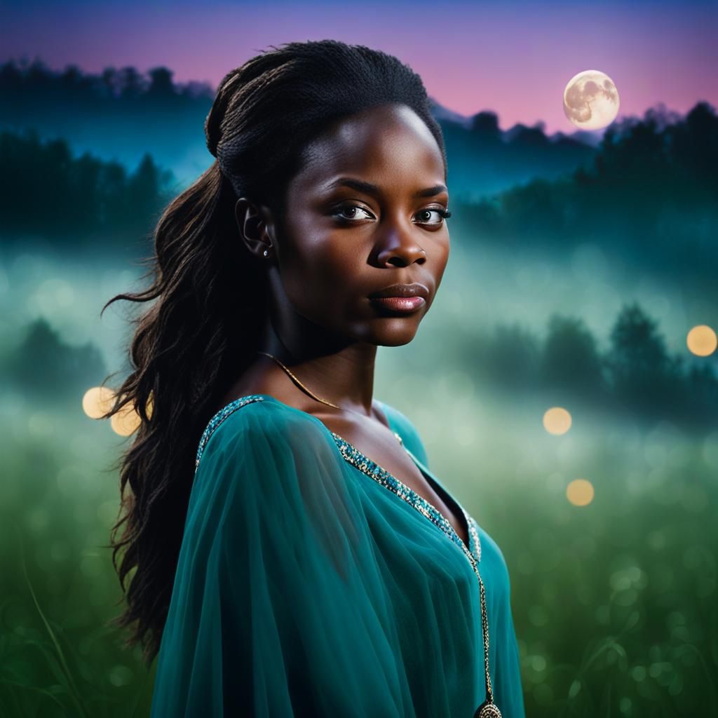 Mysterious Dark-Skinned Witch in Twilight Meadow
