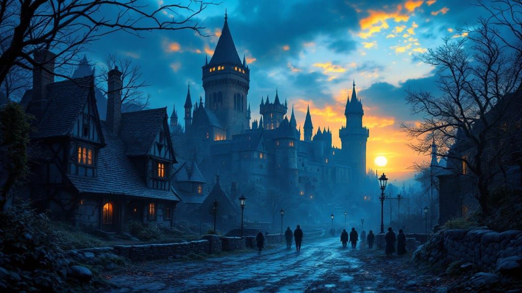 Medieval Kingdom Sunset: Castle in Dark Blue Atmosphere
