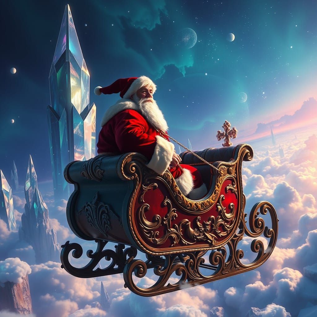 Regal Santa in a Mirror Dimension, Cyberpunk Fantasy Scene