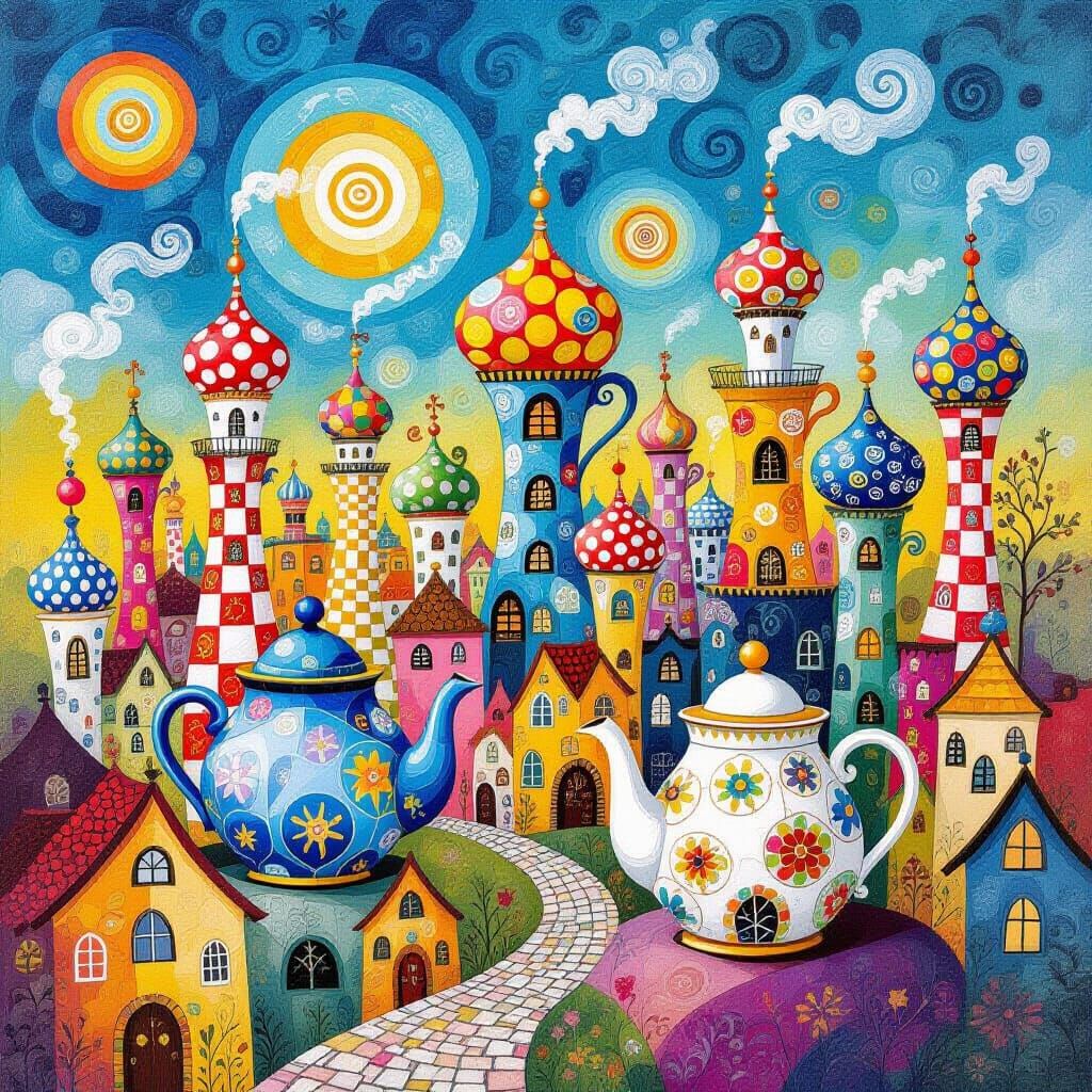 Whimsical Teapot Cityscape in Hundertwasser Style