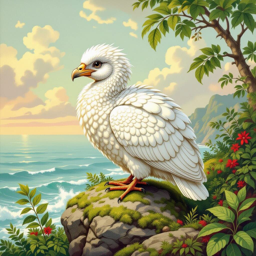 Fluffy Dodo Bird on Mossy Rock by Ocean, Vintage Zoology Art