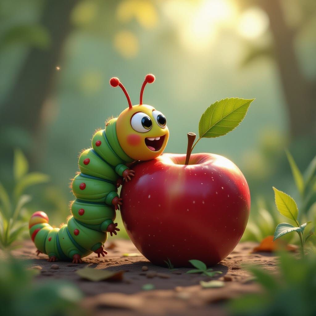 Cartoon Caterpillar and Worm in Apple