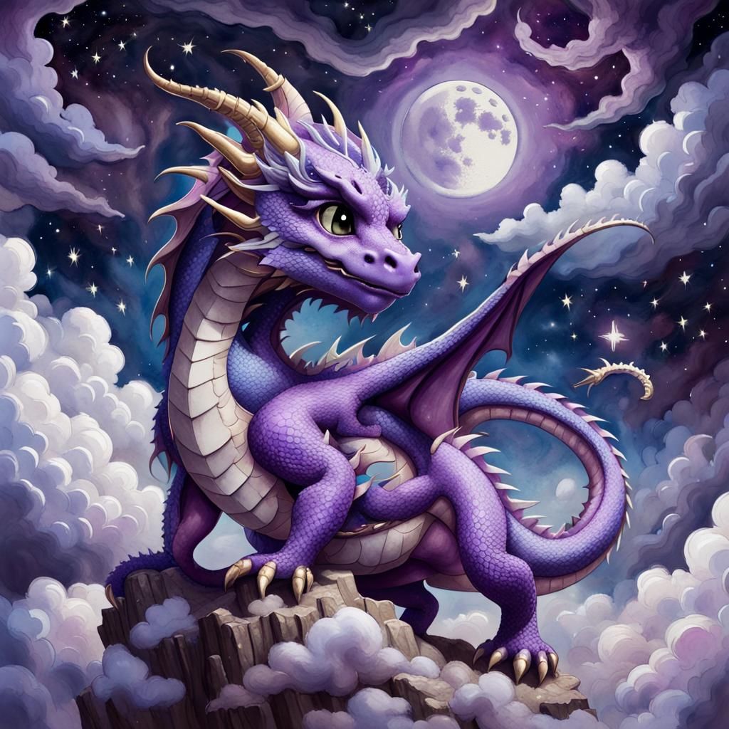 Chibi Purple Dragon Amidst Starry Skies