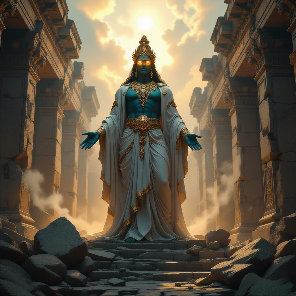 Ancient Deity in Ethereal Light atop Forgotten Temple