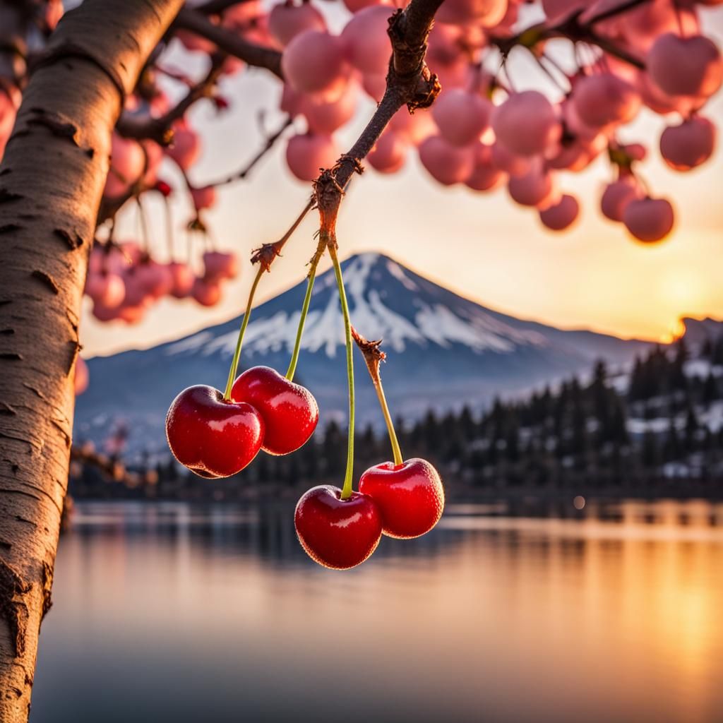 Cherries on Tree with Mount Fuji at Sunset