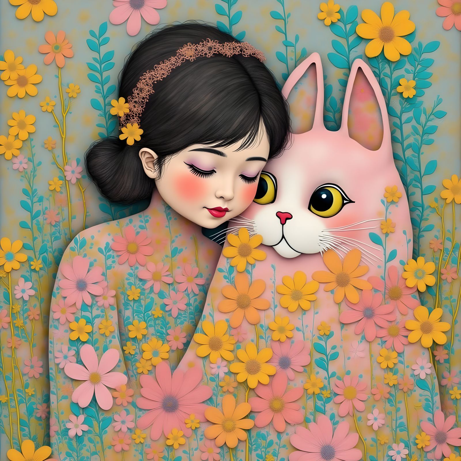 Whimsical Folk Art Illustration in Watercolor and Collage